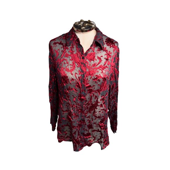 VTG Chicos Silk Velvet Burnout Top Blouse Tunic Sheer Lg Whimsigoth grunge Y2K - Picture 13 of 16